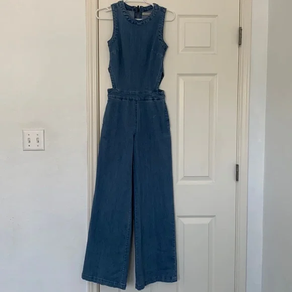 RACHEL ROY DENIM JUMPSUIT CUTOUT OVERALLS WIDE LEG LIGHT WASH - Picture 3 of 16